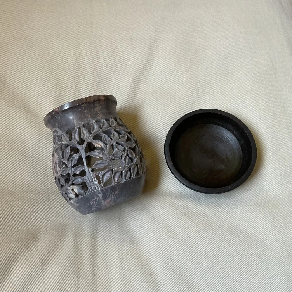 Soapstone Tea Light Candle Diffuser Carved Stone Wax Melts Essential Oil 2pc Set